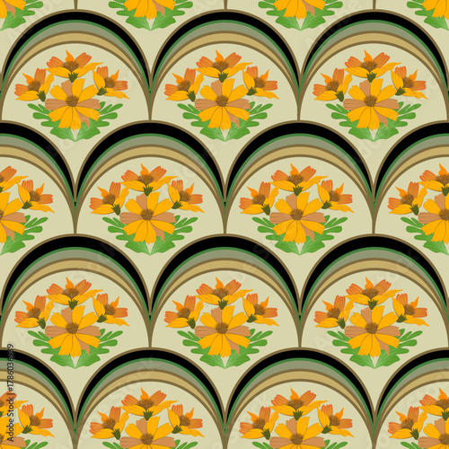 ​A seamless repeating pattern featuring stylized orange and yellow flowers and green leaves within a scalloped, Art Deco-inspired arch motif on a pale tan background.