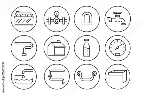 Spirit Safe Icons. Line style icons of spirit safes in round shape: glass-fronted spirit safe, locking valve, viewing window,