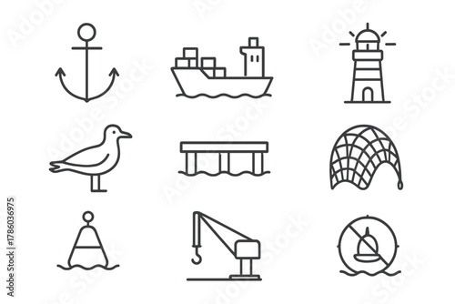 Harbor Line Icons. Line style icons of Harbor: Anchor, Cargo Ship, Lighthouse, Seagull, Dock, Fishing Net, Buoy, Crane, No text,