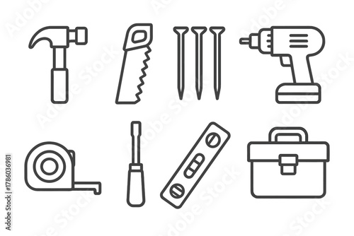 Woodworking Line Icons. Line style icons of Wooden construction: hammer, saw, nails, drill, measuring tape, chisel, level tool,