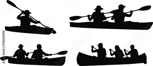 Silhouette vector illustration of people paddling kayaks and canoes in various group configurations, showing teamwork, outdoor activity, sport, motion, adventure