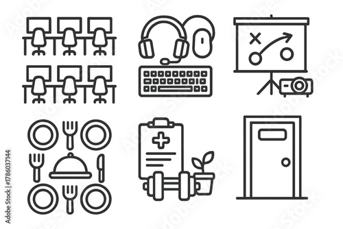 Esports Bootcamp Icons. Line style icons of esports bootcamp setups: team room layout, gear station icons, tactical screen