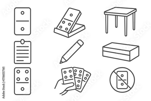 Domino Line Icons. Line style icons of Dominoes: Domino Tile, Tile Rack, Table, Scorepad, Pencil, Box, Double Six Tile, Player