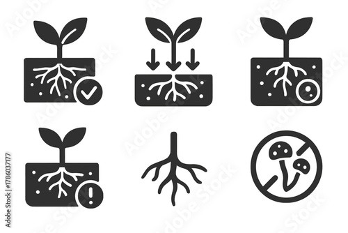 Hydroponics Icon Set. Line style icons of Hydroponics: root health icon, nutrient uptake arrows, air pocket zone, brown root alert