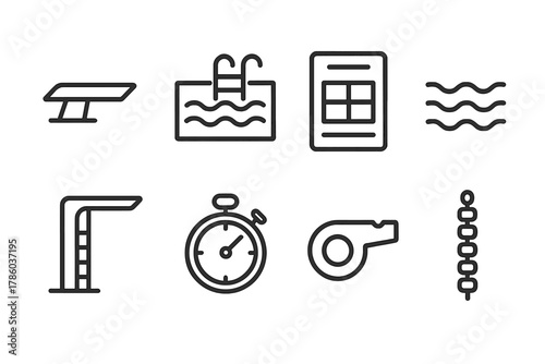 Diving Basics Icons. Line style icons of Diving basics: springboard, swimming pool, scorecard, water, diving tower, stopwatch,
