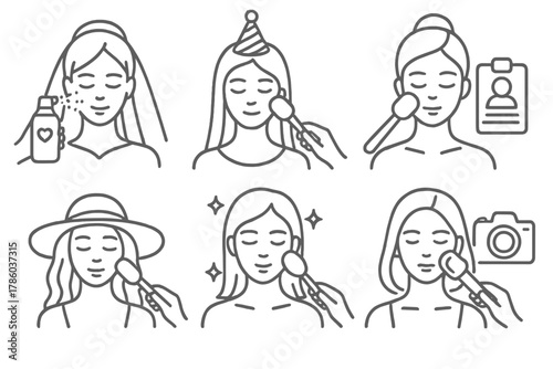 Cryo Facial Icons. Line style icons of cryo facials for events: wedding day glow mist, party-prep cool down, pre-interview freeze,