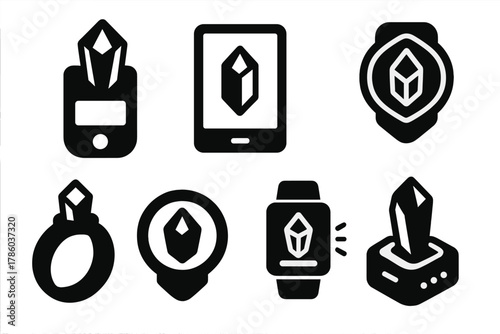 Crystal Tech Icons. Solid style icons of portable crystal devices: handheld prisms, mobile light pads, mini data gems. Wearable