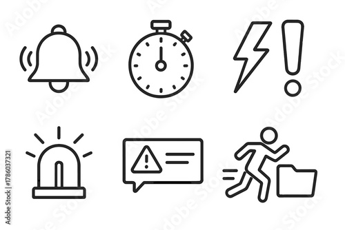 Breaking News Icons. Line style icons of Breaking News: Alarm Bell, Stopwatch, Lightning Icon, Exclamation Mark, Siren, Alert