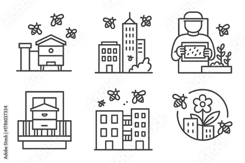 Urban Beekeeping Icons. Line style icons of urban beekeeping: rooftop beehive setup, city skyline with bees, beekeeper in urban