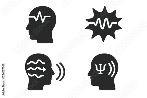 Brainwave Transmission Icons. Solid style icons of brainwave transmission: pulse signal from forehead, wave burst icon, thought