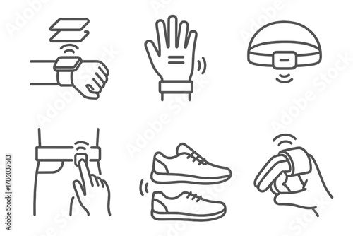 Wearable Hologram Icons. Line style icons of wearable hologram control: wrist controller, gesture glove, headband sensor, smart