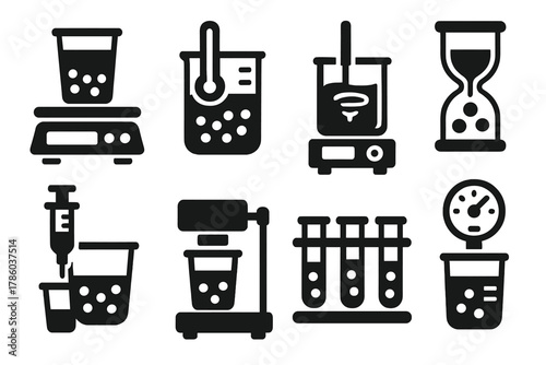 Bubble Tea Lab Icons. Solid style icons of bubble tea lab equipment: precision scale, temperature-controlled beaker, stirring