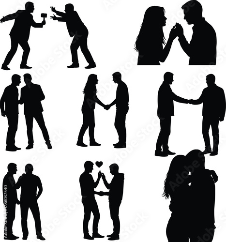 Silhouette vector illustration of people interacting emotionally and socially—romance, handshake, argument, support, affection, communication, relationships, gestures, connection, humanity