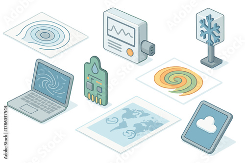 Meteorological Tools Isometric Set. Isometric vector illustration set of Meteorology tools: atmospheric pressure chart, climate