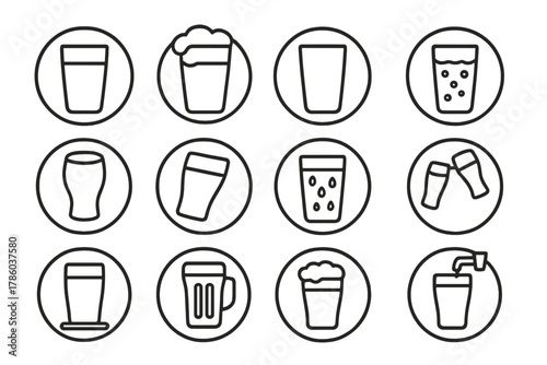 Stylized Beer Icons. Line style icons of pint glasses in round shape: full pint glass, foamy head, empty pint, glass with bubbles;