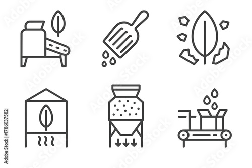 Grain Processing Icons. Line style icons of grain processing: husking machine, grain sorter tool, dehulling icon, drying chamber,