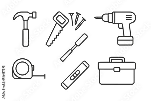 Woodworking Line Icons. Line style icons of Wooden construction: hammer, saw, nails, drill, measuring tape, chisel, level tool,