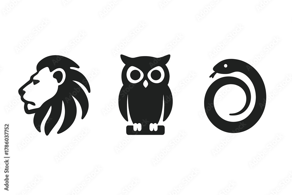 Obraz premium Animal Totem Icons. Solid style icons of animal symbolism: lion glyph, owl icon, snake badge. Spirit animal chart, totem ring,