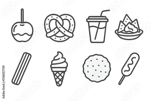 Street Food Icons. Line style icons of Street food: candy apple, pretzel, lemonade cup, nachos, churro, ice cream cone, fried