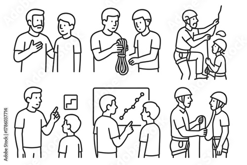 Climbing Mentorship Icons. Line style icons of mentorship and learning: experienced guide teaching, rope skills demo, youth
