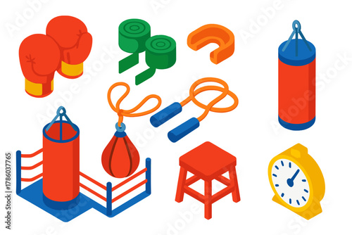 Outdoor Sports Gear. Isometric vector illustration set Outdoor sports – boxing gloves, hand wraps, mouthguard; punching bag, jump
