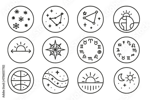 Seasonal Sky Icons. Line style round vector icons of Astronomical Seasons: Winter Sky, Spring Constellations, Summer Triangle,