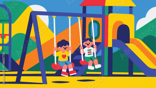 Illustration Of Two Children Playing On A Swing Vector Design Template