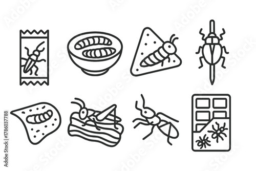 Insect Snack Icons. Line style icons of insect-based snacks: cricket protein bar, roasted mealworms, silkworm chips, grasshopper