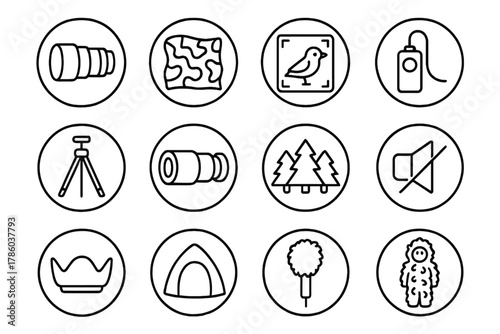 Wildlife Photographer's Tools. Line style round vector icons of Wildlife Photography: Telephoto Lens, Camouflage Net, Bird in