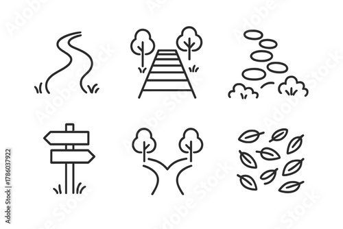 Forest Trail Icons. Line style icons of forest trails and paths: winding footpath, wooden walkway, stone stepping path, trail