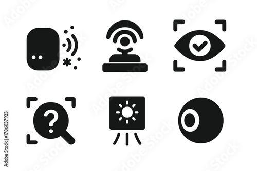 Installation Sensor Icons. Solid style icons of installation sensors: particle detector pod, motion sensing node, observer