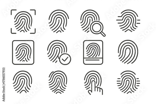 Fingerprint Icon Collection. Line style icons of fingerprints in round shape: fingerprint scan, thumbprint icon, magnified print,