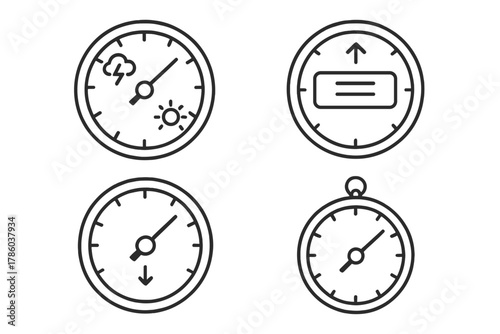 Line Style Barometers. Line style icons of barometers in round shape: analog barometer, digital barometer, pressure gauge,