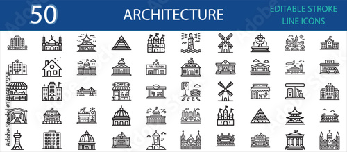 Editable stroke icon set of architectural landmarks and structures. Includes houses, skyscrapers, bridges, mosques, temples, cafes, gas stations, lighthouses, and government buildings.