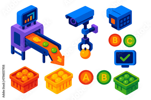 Smart Farming Technology. Isometric vector illustration set Smart farming – AI-driven sorting machine, conveyor belt, reject chute