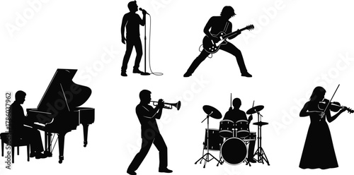Silhouette vector illustration of musicians performing with piano, guitar, trumpet, violin, drums, microphone—live music, concert, ensemble, instruments, sound