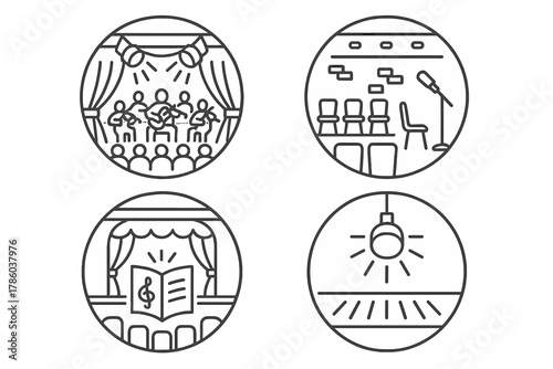 Concert Line Icons. Line style icons of concert environment in round shape: stage lights, red curtain, seated orchestra, audience