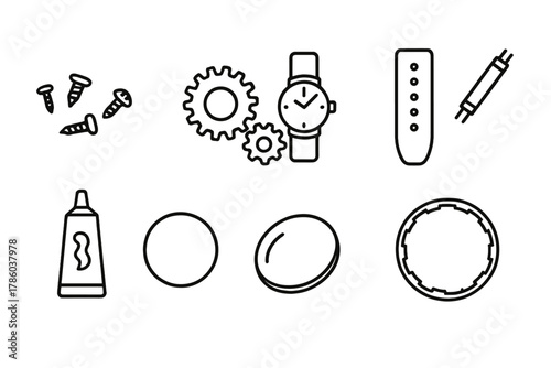 Watch Workshop Icons. Line style icons of Workshop materials: tiny screws, metal gears, watch strap, spring bar, polishing paste,