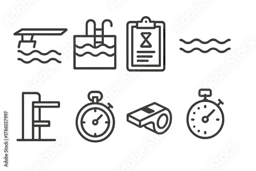 Diving Basics Icons. Line style icons of Diving basics: springboard, swimming pool, scorecard, water, diving tower, stopwatch,