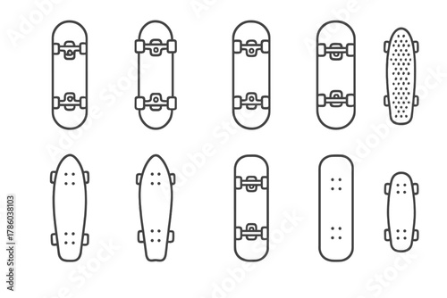 Skateboard Deck Icons. Line style round vector icons of Skateboard Deck Types: Popsicle Deck, Cruiser Board, Old School Deck, Mini