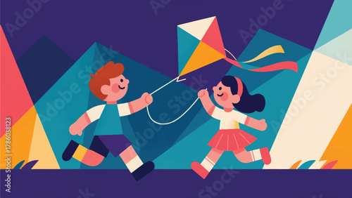 Illustration Of Two Children Playing With A Kite Vector Design Template