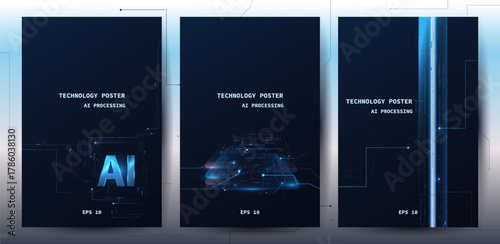 AI Technology Poster Set, Deep Learning Concept with Processing Data AI. Blue Circuit CPU background