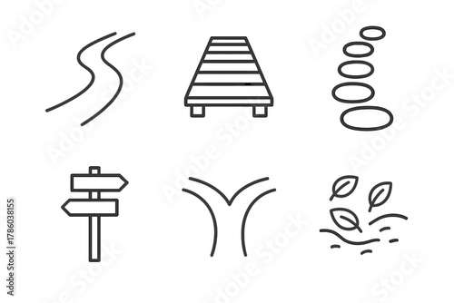 Forest Trail Icons. Line style icons of forest trails and paths: winding footpath, wooden walkway, stone stepping path, trail