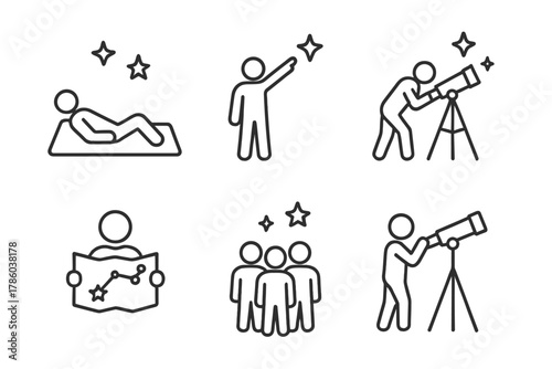 Stargazing Line Icons. Line style icons of stargazing activities: laying on blanket, pointing at sky icon, setting up telescope,