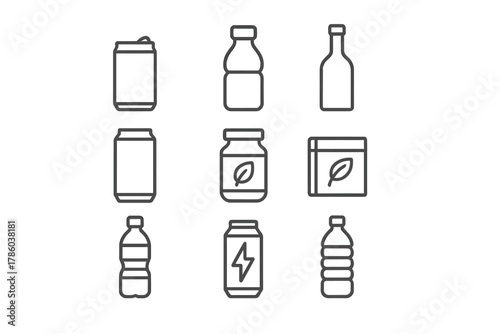 Beverage Icons. Line style icons of Beverage aisle: soda can, juice bottle, wine bottle, beer can, coffee jar, tea box, water