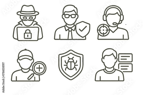 Ethical Hacking Icons. Line style icons of ethical hacking career paths: penetration tester icon, security analyst role, red team