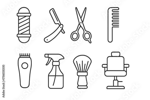 Barber Shop Icons. Line style icons of Barber shop basics: barber pole, straight razor, scissors, comb, hair clipper, spray bottle