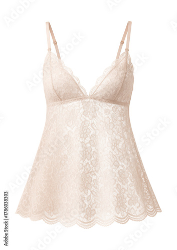Lace babydoll featuring adjustable straps and a scalloped hem.