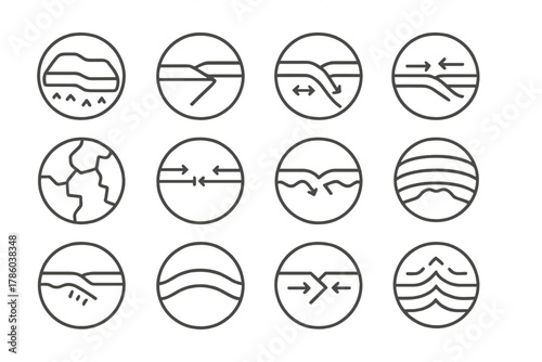 Tectonic Plates Icons. Line style icons of tectonic plates in round shape: continental plates, oceanic crust, subduction zone,
