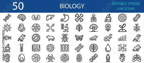 Editable line icon pack of biology and life science elements. Includes DNA, cells, brain, plants, animals, microscope, bacteria, human organs, evolution, and research lab tools.